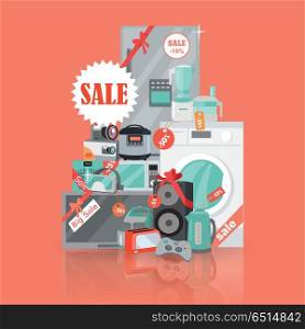 Big Super Web Sale Banner. Household Appliances. Big super web sale banner. Household appliances in flat style. For electronics stores advertising. Purchase of equipment in Internet. Devices with red discount tags isolated. Black friday. Vector