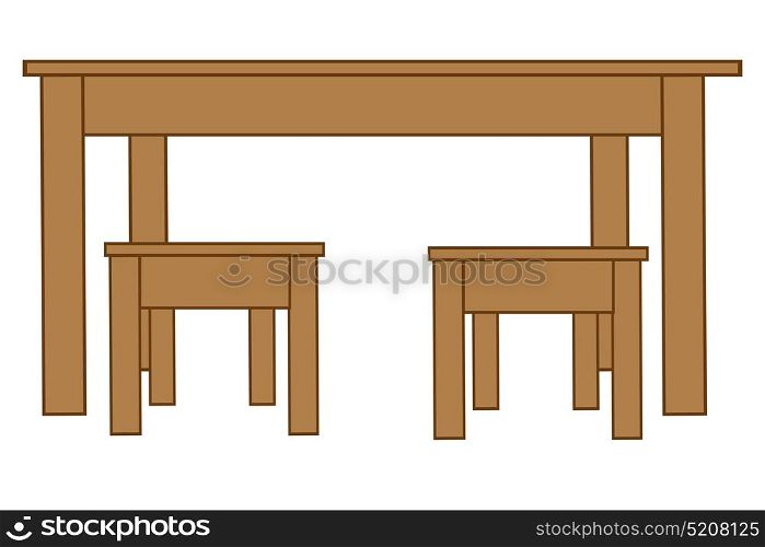Big table and two chairs. Long wooden table and two stools.Vector illustration