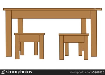 Big table and two chairs. Long wooden table and two stools.Vector illustration
