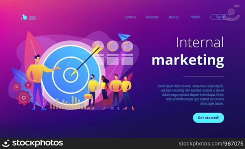 Big target, manager and employees engaged in company goals. Internal marketing, company goals promotion, employee engagement concept. Website vibrant violet landing web page template.. Internal marketing concept landing page.