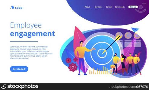 Big target, manager and employees engaged in company goals. Internal marketing, company goals promotion, employee engagement concept. Website vibrant violet landing web page template.. Internal marketing concept landing page.