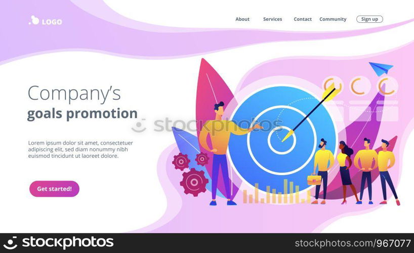 Big target, manager and employees engaged in company goals. Internal marketing, company goals promotion, employee engagement concept. Website vibrant violet landing web page template.. Internal marketing concept landing page.