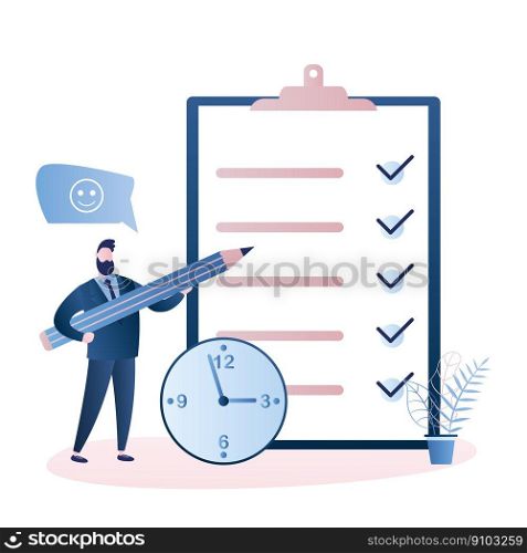 Big task planner,watch and fashion businessman with pencil. Time management and deadline concept, Male character in trendy style,flat vector illustration