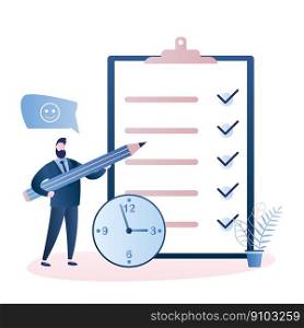 Big task planner,watch and fashion businessman with pencil. Time management and deadline concept, Male character in trendy style,flat vector illustration