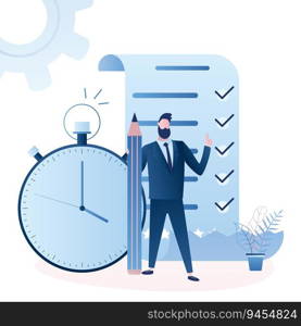 Big task planner,watch and fashion businessman with pencil. Time management and deadline concept. Happy male character in trendy style,flat vector illustration.