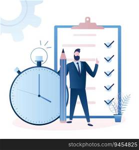 Big task planner,watch and fashion businessman with pencil. Time management and deadline concept. Happy male character in trendy style,flat vector illustration.