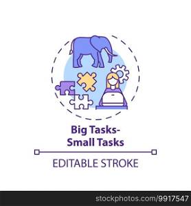 Big tasks, small tasks concept icon. Overcoming procrastination tip idea thin line illustration. Breaking tasks into smaller chunks. Vector isolated outline RGB color drawing. Editable stroke. Big tasks, small tasks concept icon