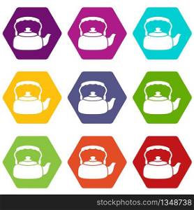 Big teapot icons 9 set coloful isolated on white for web. Big teapot icons set 9 vector