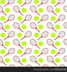 Big tennis racket and green ball seamless pattern isolated on white background vector. Cartoon doodle sport playing game equipment backdrop.