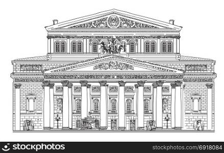 Big Theater in Moscow vector hand drawing isolated illustration in white color on black background