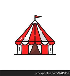 Big top circus, flag on top isolated red and white striped tent outline icon. Vector circus arena construction, entertainment theme park show fairground. Big top circus awning symbol, festival mascot. Amusement park marquee awning of circus building