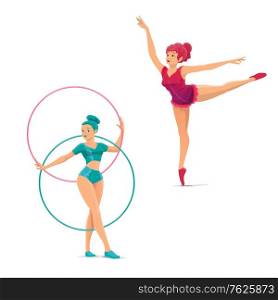 Big top circus gymnasts and balancers vector characters. Cartoon woman acrobats showing a performance. Girls acrobats in costumes performing a stunt, dancing on circus stage with hoops. Circus gymnasts and balancers vector characters