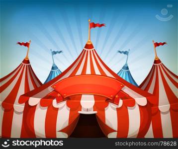 Big Top Circus Tents With Banner. Illustration of cartoon white and red big top circus tents background with marquee or banner on a blue sky background