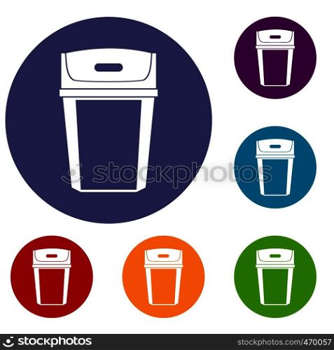Big trashcan icons set in flat circle reb, blue and green color for web. Big trashcan icons set