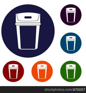 Big trashcan icons set in flat circle reb, blue and green color for web. Big trashcan icons set