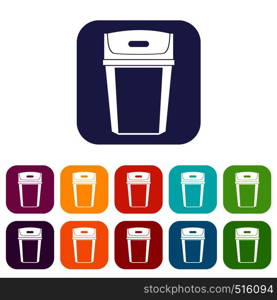 Big trashcan icons set vector illustration in flat style in colors red, blue, green, and other. Big trashcan icons set