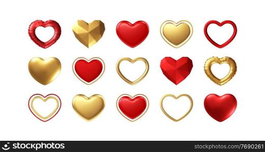 Big Valentines Day Set of different realistic gold, red hearts isolated on white background. Happy Valentines Day elements for design poster, postcard, flyer. Vector illustration EPS10. Big Valentines Day Set of different realistic gold, red hearts isolated on white background. Happy Valentines Day elements for design poster, postcard, flyer. Vector illustration