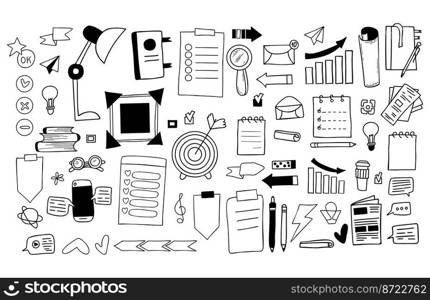 Big vector set financial and business icons. Paper documents, stationery, graph, infographics, target, online messages and communication, signs, arrows and success. Isolated linear hand doodles