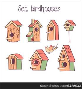 Big vector set of birdhouses. Spring clipart. The bird flies to the birdhouse. Isolated on a white background.