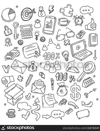 Big vector set of business icons. Isolated linear hand drawn doodles of finance and office work, money and technology, infographics and hand gestures, envelope and arrow. Vector illustration.