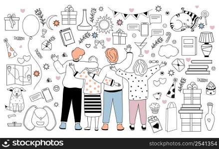 Big vector set of doodles about friendship, holidays and love. People are friends - boys and girls, pets and festive decor. Outline, line. Isolated over white background