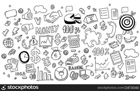 Big vector set of financial icons. Hand gesture, money, business, finance and charts, infographics, money and goal, communication and success. Vector illustration. Isolated linear hand drawn doodles