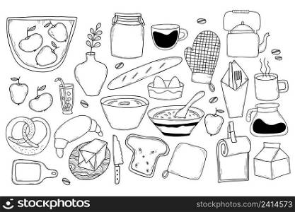 Big Vector Set of kitchen tools doodles and products. Kitchen utensils, food preparation, dishes, kettle and cup, jars and storage bags, groceries, bun and butter, eggs and coffee, kitchen utensils