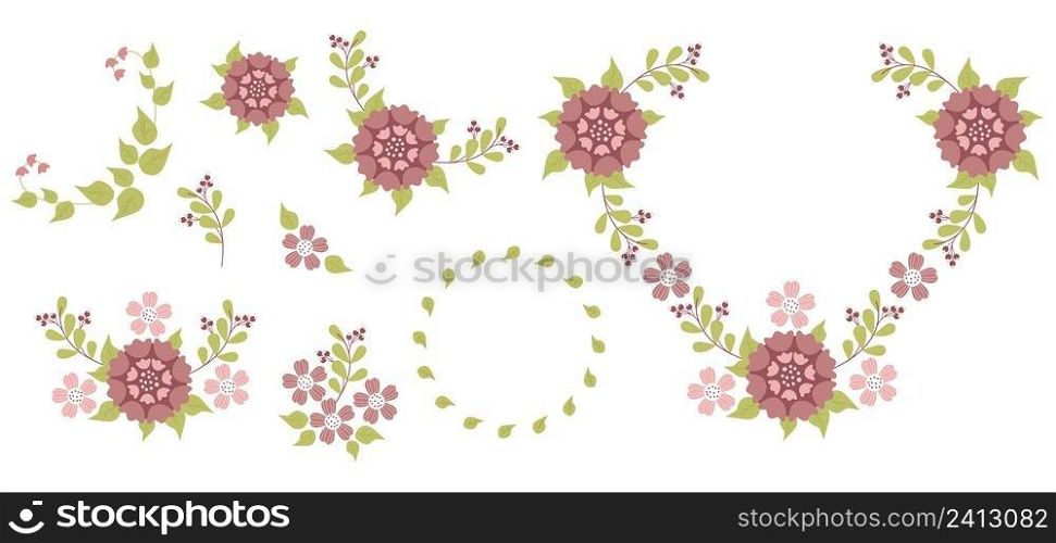 Big vector set of wreaths with flowers, herbs, leaves, branches, flowering plants, leafy and flower elements. Isolated Floral illustration for creating invitations, greeting cards, design and decor