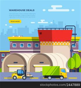 Big warehouse building with cart and van for goods delivery on cityscape background flat vector illustration. Warehouse Flat Illustration