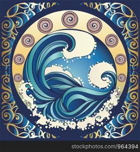 Big waves of stormy ocean, sea, art nouveau design illustration.