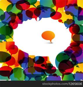 Big white speech bubble made from colorful small bubbles