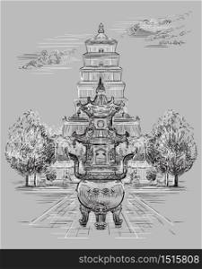 Big Wild Goose Pagoda in southern Xi&rsquo;an, Shaanxi province, landmark of China. Hand drawn vector sketch illustration in monochrome colors isolated on gray background. China travel Concept.