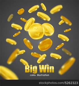 Big Win Gold Coins Advertisement Background Poster. Big win business investment casino advertisement symbolic poster with flying gold coins on black background vector illustration