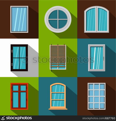 Big window icons set. Flat set of 9 big window vector icons for web with long shadow. Big window icons set, flat style