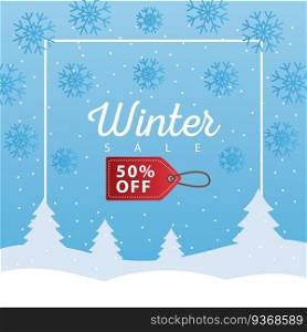 big winter sale poster with tag hanging in snowscape vector illustration design. big winter sale poster with tag hanging in snowscape