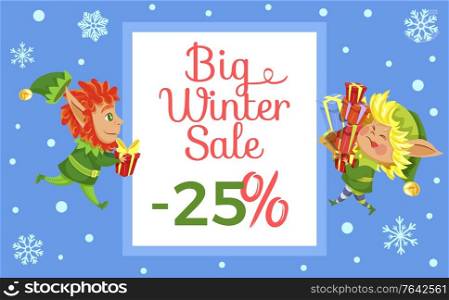 Big winter sale, promotional banner with elves and calligraphic inscription. Dwarf with gifts. Snowfall and snowflake ornaments. Discounts and reduction of price for shops and stores, vector in flat. Big Winter Sale 25 Percent Off, Xmas Offering
