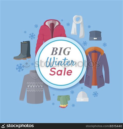 Big Winter Sale. Winter Clothes Web Banner Poster. Big winter sale. Winter outerwear sale web banner poster. Winter old collection sale. Discount on stylish fashionable designers clothes. Best world brands trends at low price. Christmas sale. Vector