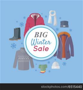 Big Winter Sale. Winter Clothes Web Banner Poster. Big winter sale. Winter outerwear sale web banner poster. Winter old collection sale. Discount on stylish fashionable designers clothes. Best world brands trends at low price. Christmas sale. Vector