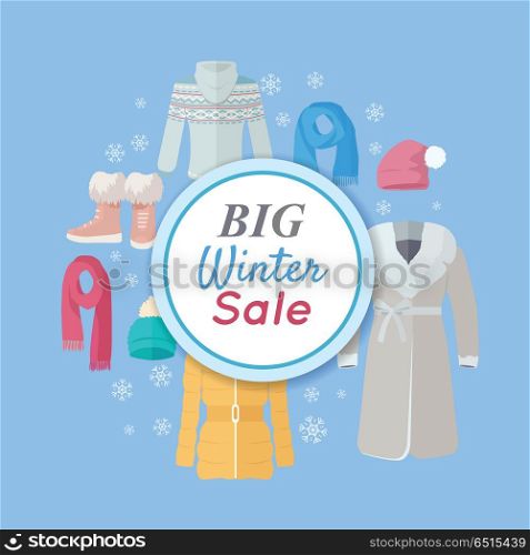 Big winter sales vector concept. Flat design. Warm womens clothes, shoes and accessories for cold season on blue background with snowflakes and sticker with text For store discounts ad design. Seasonal Sale Vector Concept in Flat Design. Seasonal Sale Vector Concept in Flat Design