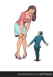 big woman and little man, feminism. Subordination in family relations. Pop art retro vector illustration comic caricature 50s 60s style vintage kitsch. big woman and little man, feminism. Subordination in family relations