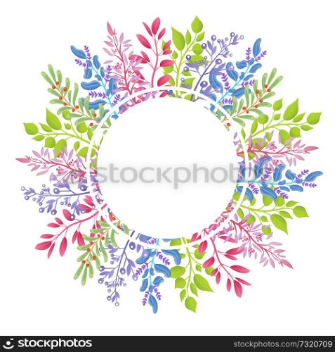 Big wreath of wild aromatic herbs small branches. Colorful leaves on thin stem tied in circle. Huge wreath of natural plants vector illustration.. Big Wreath of Wild Aromatic Herbs Small Branches
