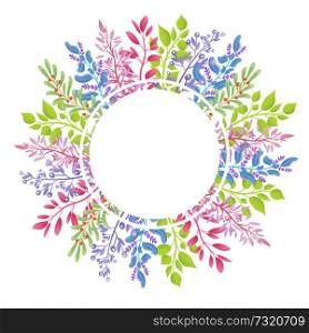 Big wreath of wild aromatic herbs small branches. Colorful leaves on thin stem tied in circle. Huge wreath of natural plants vector illustration.. Big Wreath of Wild Aromatic Herbs Small Branches