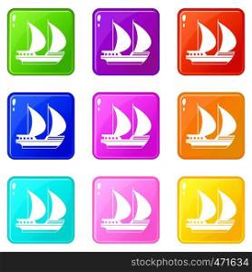 Big yacht icons of 9 color set isolated vector illustration. Big yacht icons 9 set