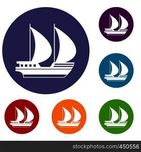 Big yacht icons set in flat circle reb, blue and green color for web. Big yacht icons set