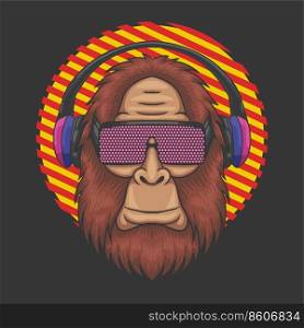 Bigfoot wearing a techno eyeglasses and headphone vector illustration