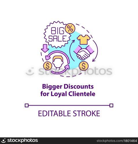 Bigger discounts for loyal clientele concept icon. Client privilege abstract idea thin line illustration. Premium membership perks. Vector isolated outline color drawing. Editable stroke. Bigger discounts for loyal clientele concept icon