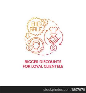 Bigger discounts for loyal clientele red gradient concept icon. Client privilege abstract idea thin line illustration. Premium membership perks. Vector isolated outline color drawing.. Bigger discounts for loyal clientele red gradient concept icon