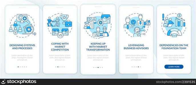 Biggest business strategy issues blue onboarding mobile app screen. Walkthrough 5 steps graphic instructions pages with linear concepts. UI, UX, GUI template. Myriad Pro-Bold, Regular fonts used. Biggest business strategy issues blue onboarding mobile app screen