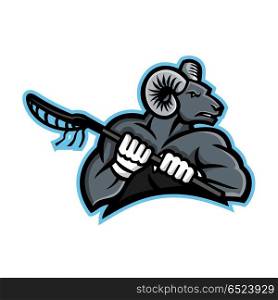 Bighorn Ram Lacrosse Mascot. Mascot icon illustration of a bighorn ram, mountain goat or sheep holding a lacrosse stick viewed from side on isolated background in retro style.. Bighorn Ram Lacrosse Mascot