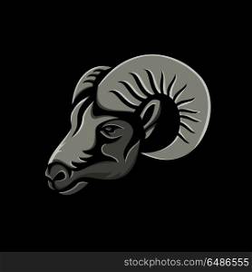 Bighorn Sheep Metallic Icon. Metallic style flat icon or mascot illustration of a male bighorn or long-horned sheep ram viewed from side on isolated black background.. Bighorn Sheep Metallic Icon